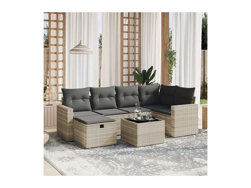 Salon de jardin avec coussins 7 pcs gris clair résine tressée