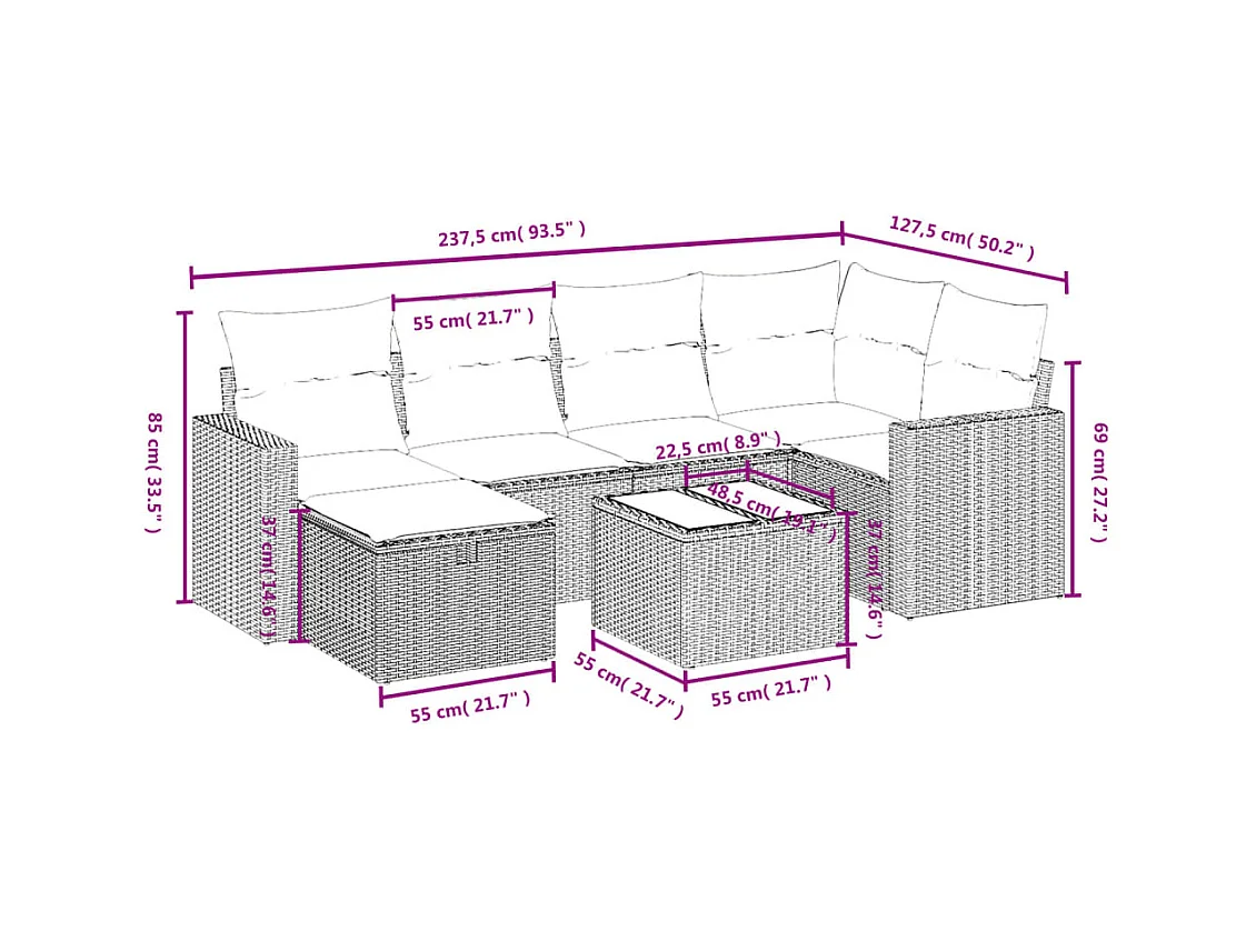 Salon de jardin avec coussins 7 pcs gris clair résine tressée