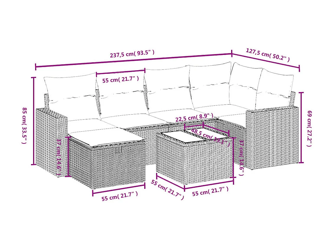 7-tlg. Garten-Sofagarnitur mit Kissen Hellgrau Poly Rattan