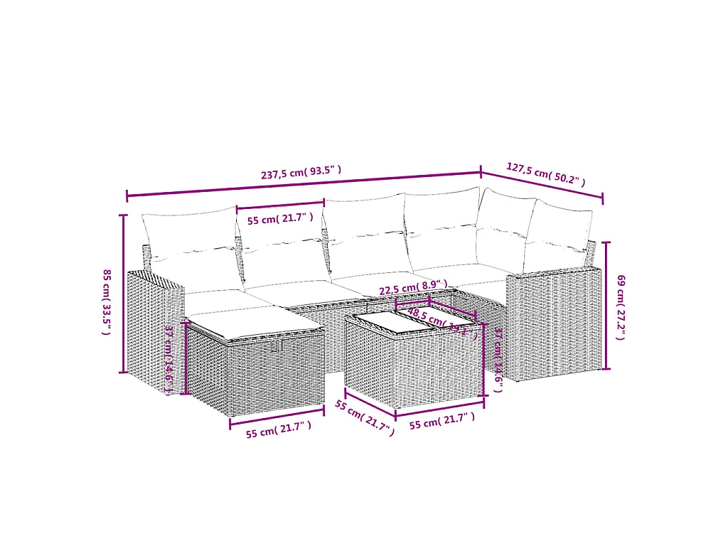 7-delige Loungeset met kussens poly rattan lichtgrijs