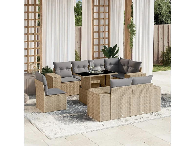 Salon de jardin avec coussins 9 pcs beige résine tressée