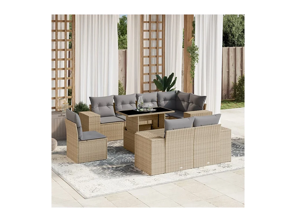 Salon de jardin avec coussins 9 pcs beige résine tressée