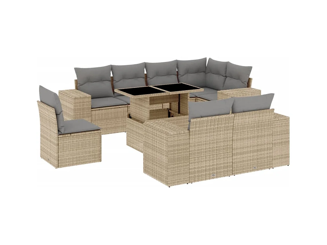 Salon de jardin avec coussins 9 pcs beige résine tressée
