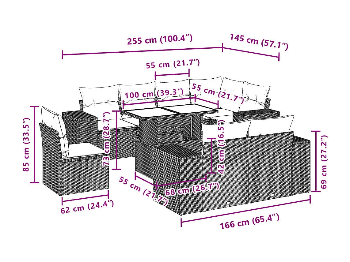 Salon de jardin avec coussins 9 pcs beige résine tressée