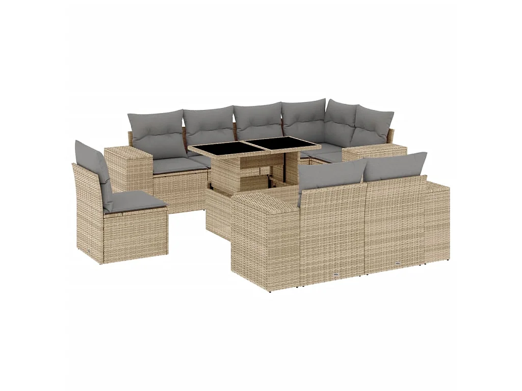 Salon de jardin avec coussins 9 pcs beige résine tressée