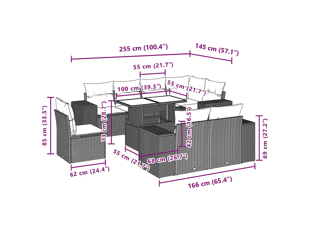 Salon de jardin avec coussins 9 pcs beige résine tressée