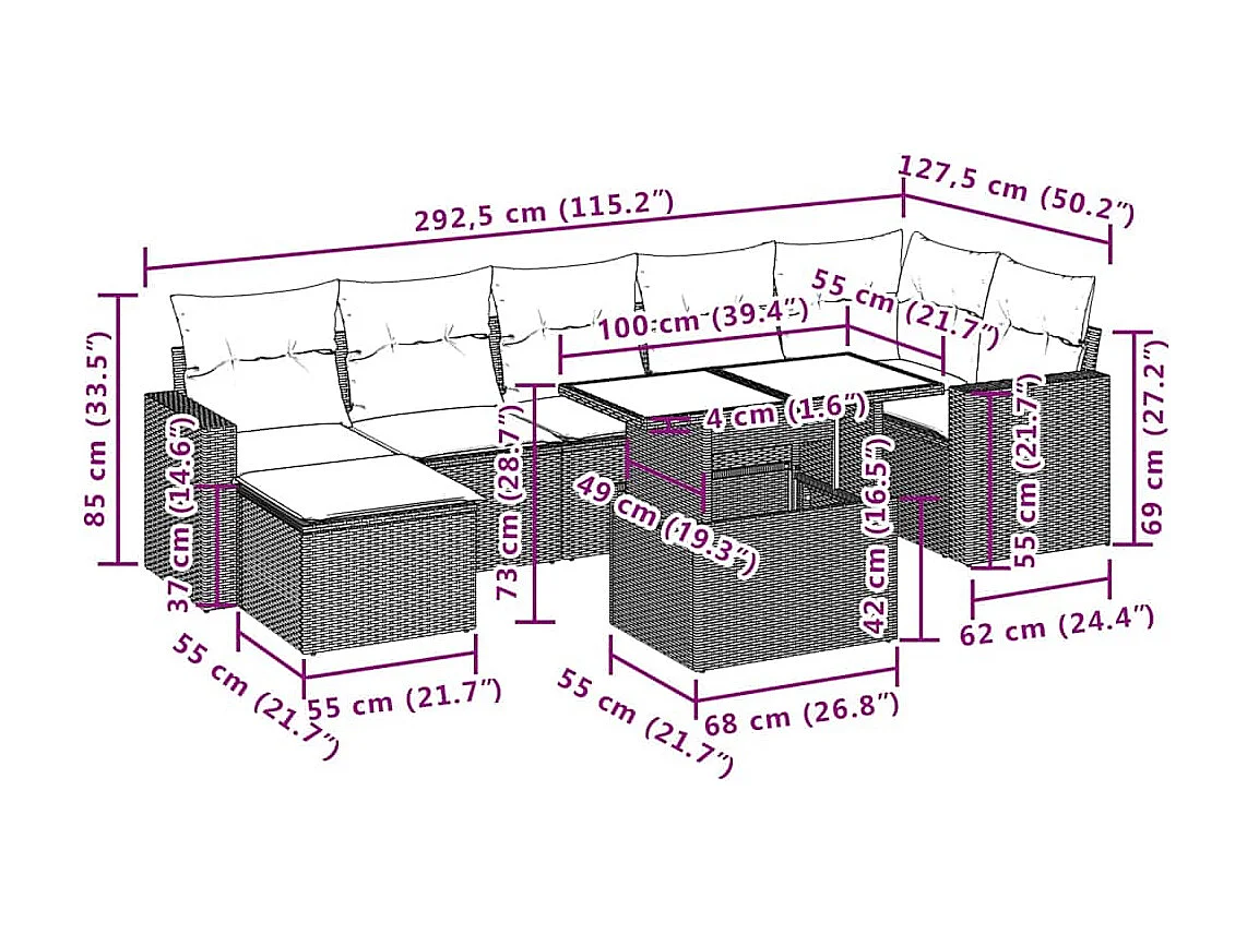 Salon de jardin 8 pcs avec coussins gris clair résine tressée