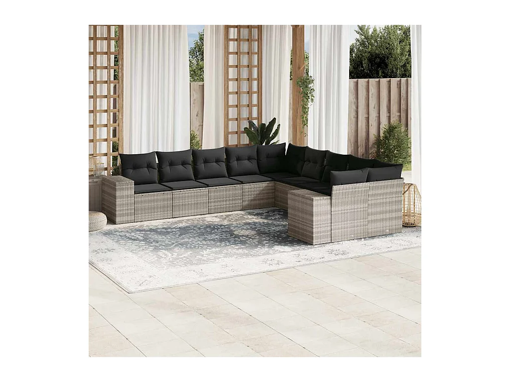 10 pcs conj. sofás jardim com almofadões vime PE cinzento-claro