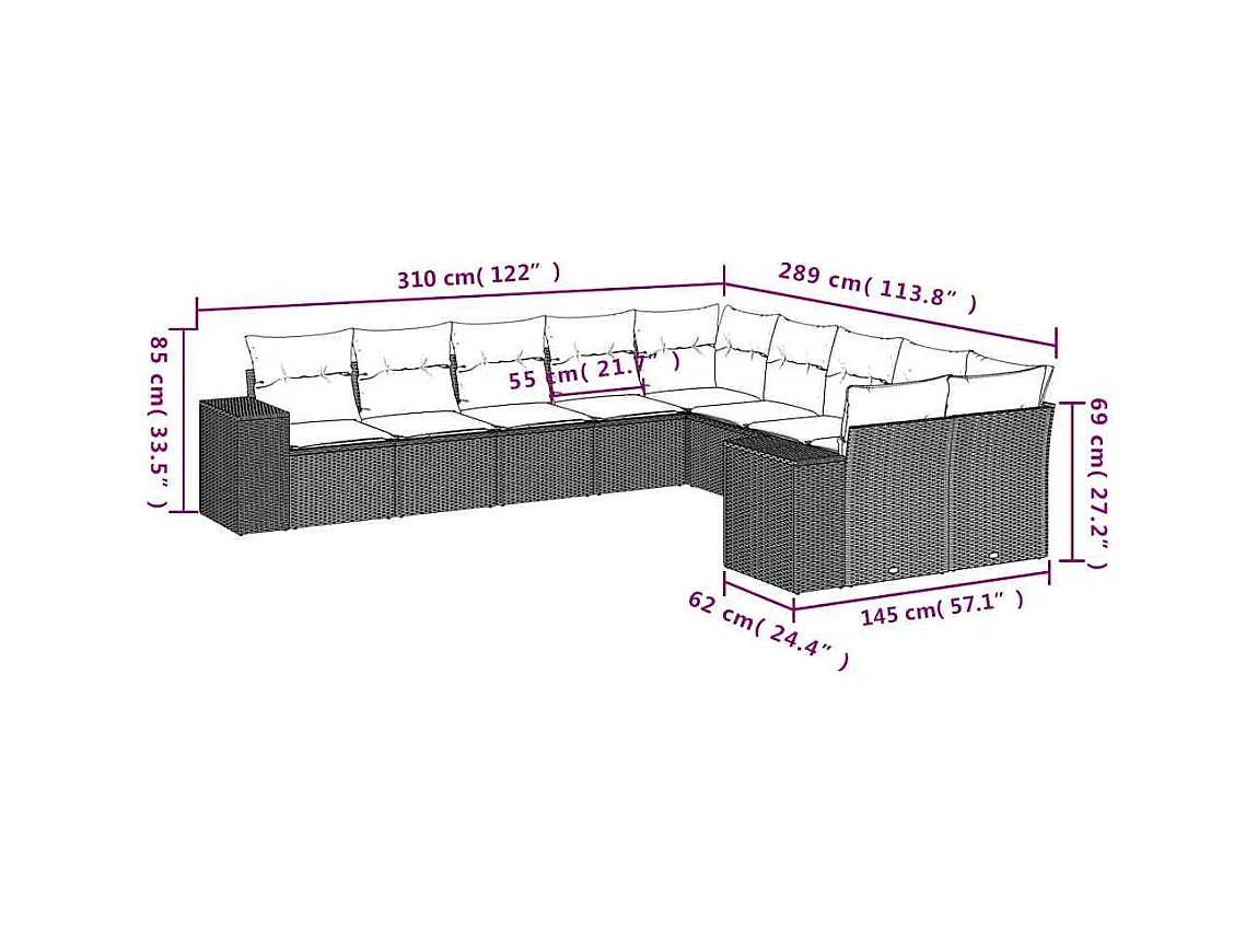 10 pcs conj. sofás jardim com almofadões vime PE cinzento-claro