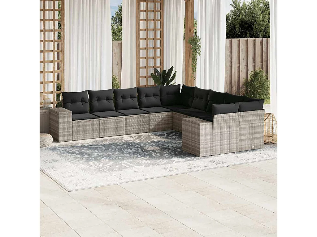 Salon de jardin avec coussins 10 pcs gris clair résine tressée