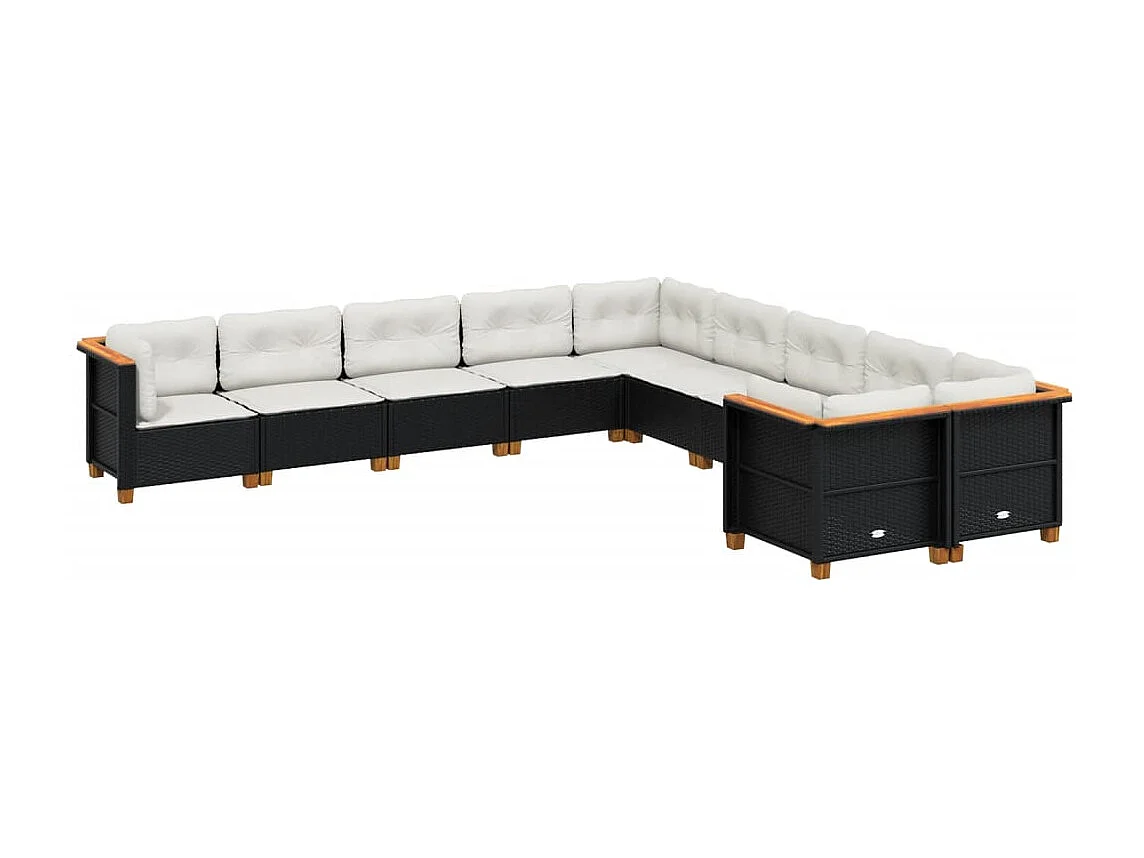 10-delige Loungeset met kussens poly rattan zwart
