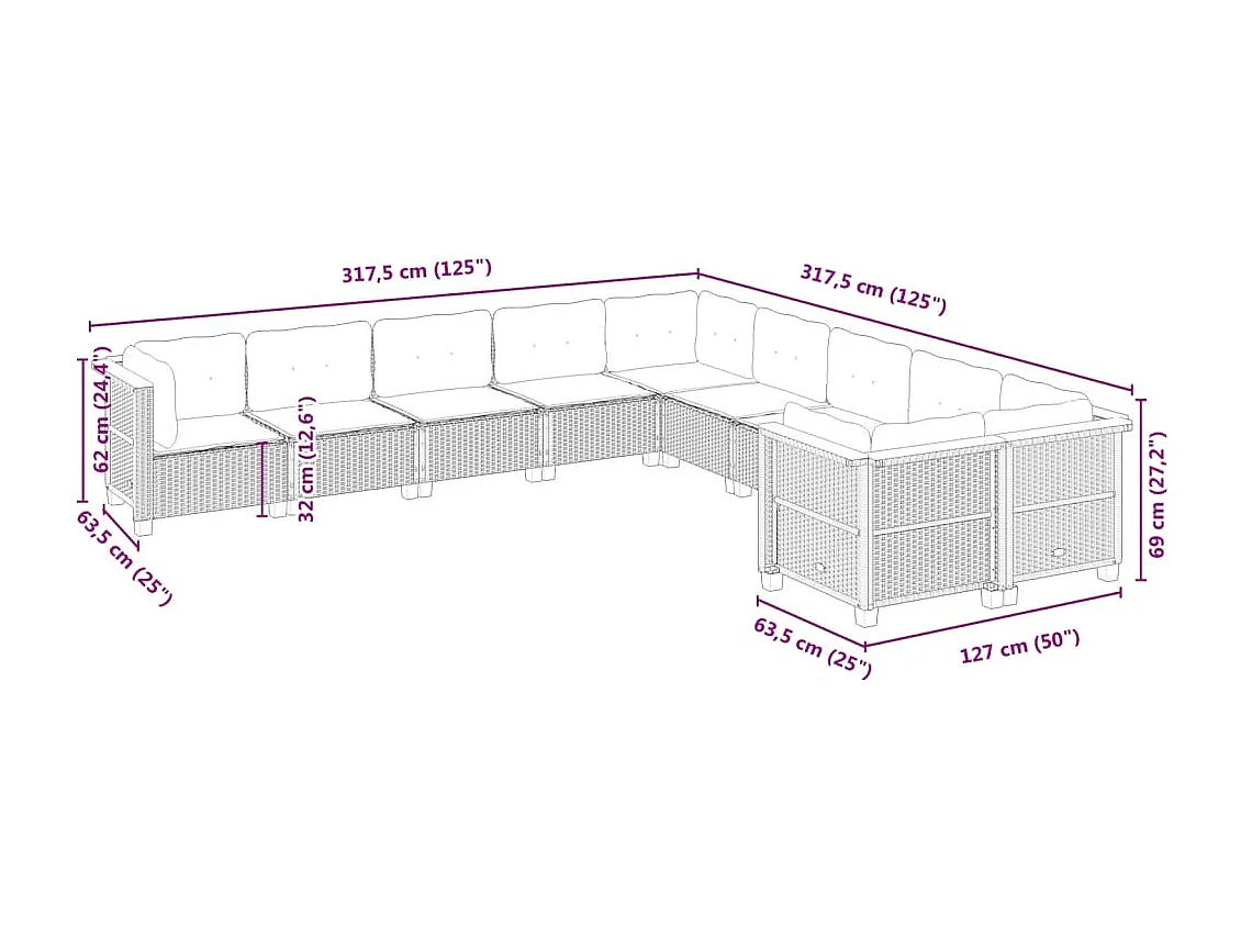 10-delige Loungeset met kussens poly rattan zwart