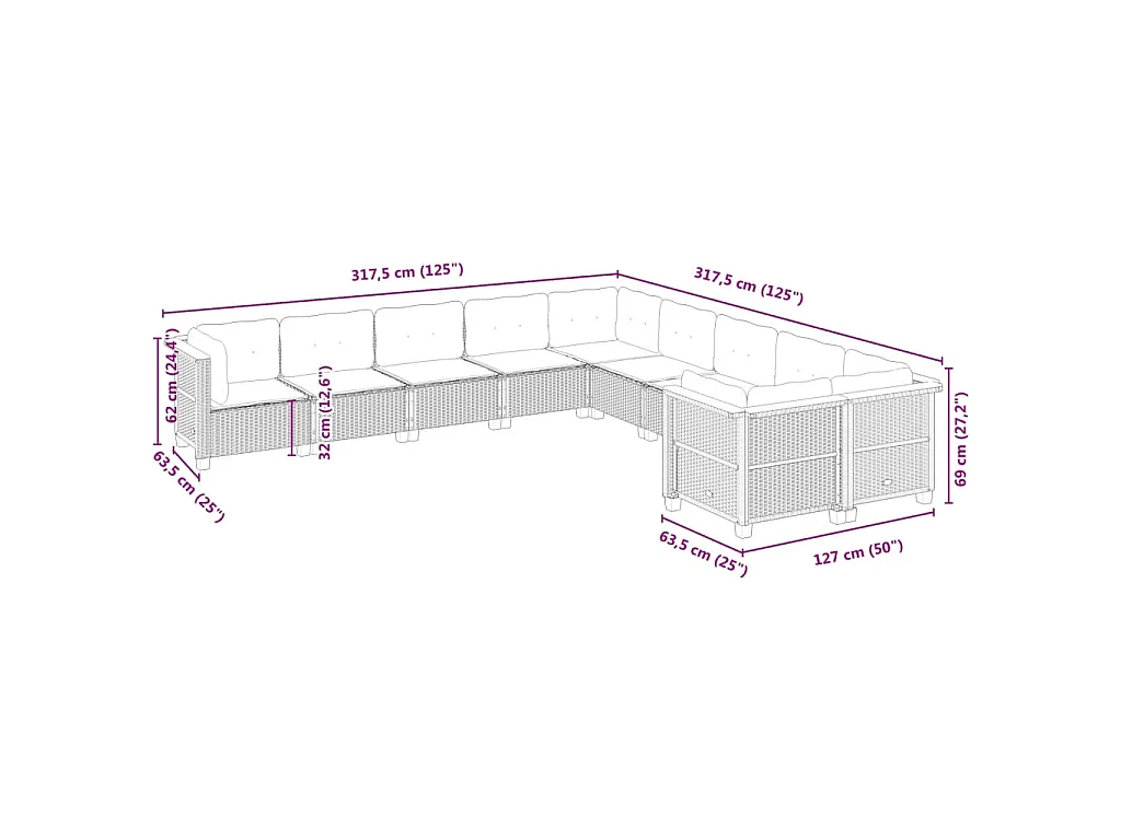 10-tlg. Garten-Sofagarnitur mit Kissen Schwarz Poly Rattan