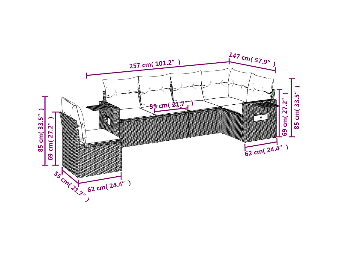 6 pcs conj. sofás jardim com almofadões vime PE cinzento-claro