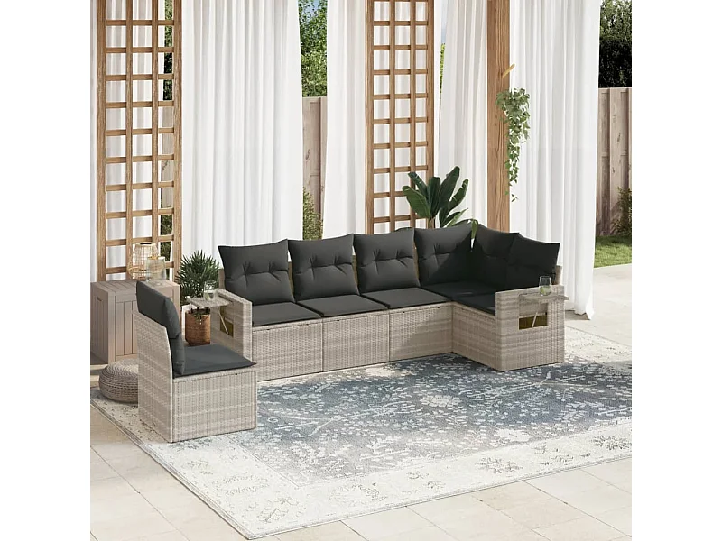 6 pcs conj. sofás jardim com almofadões vime PE cinzento-claro