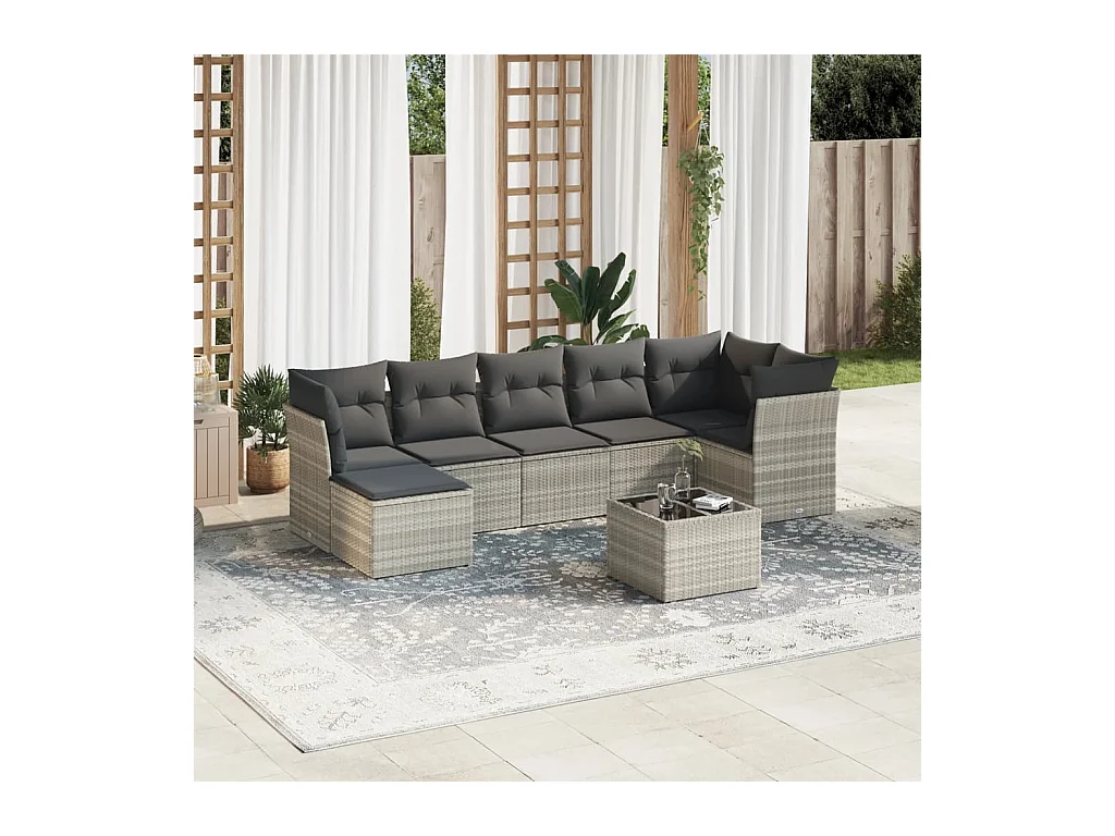 Salon de jardin 8 pcs avec coussins gris clair résine tressée