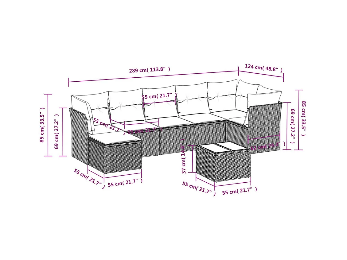 Salon de jardin 8 pcs avec coussins gris clair résine tressée