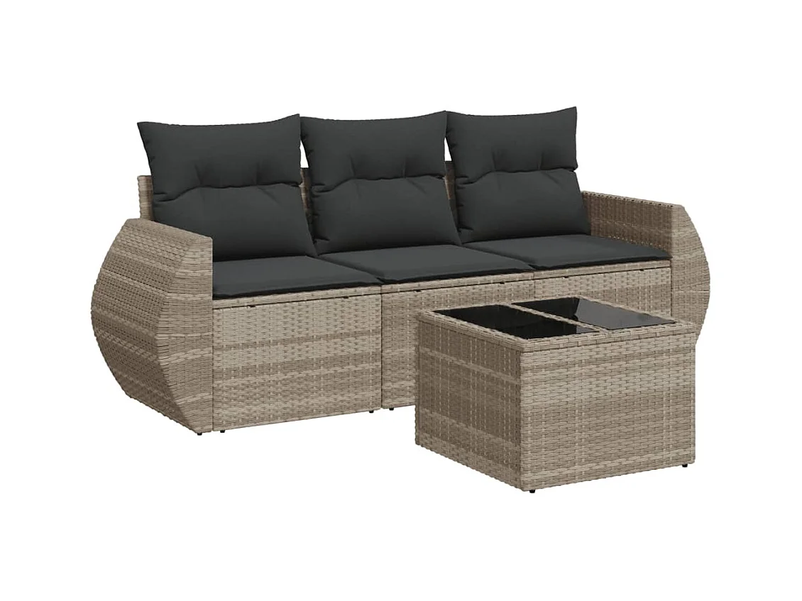 Salon de jardin 4 pcs avec coussins gris clair résine tressée