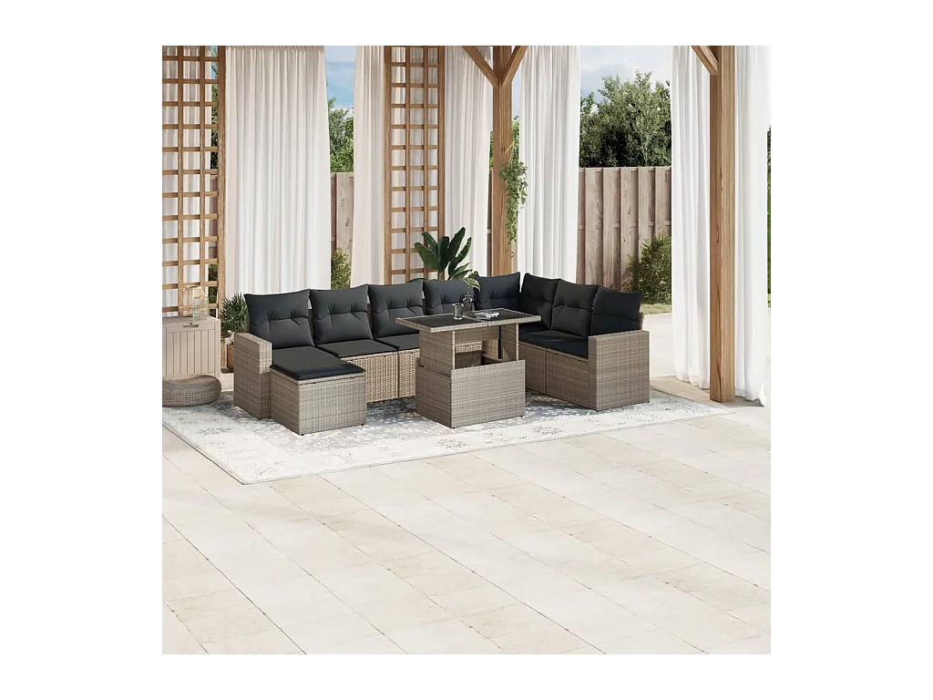 9-tlg. Garten-Sofagarnitur mit Kissen Hellgrau Poly Rattan