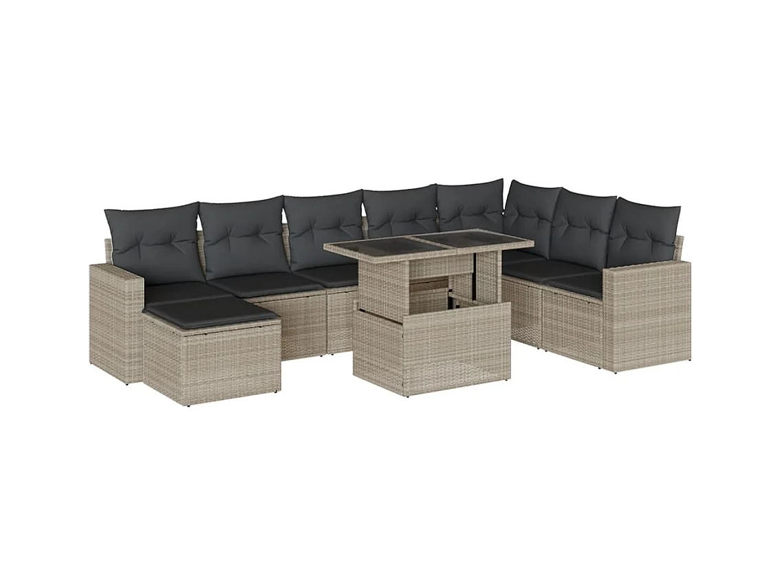9-tlg. Garten-Sofagarnitur mit Kissen Hellgrau Poly Rattan