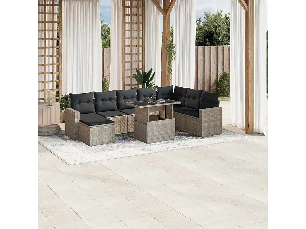 Salon de jardin 9 pcs avec coussins gris clair résine tressée