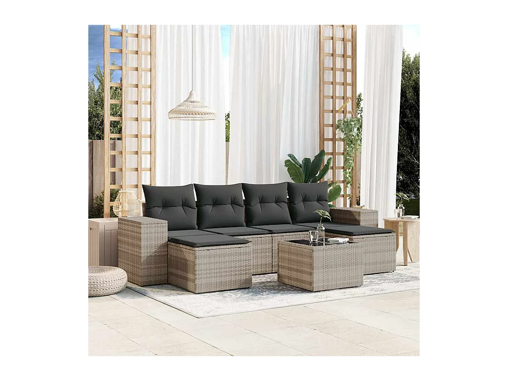 7-tlg. Garten-Sofagarnitur mit Kissen Hellgrau Poly Rattan