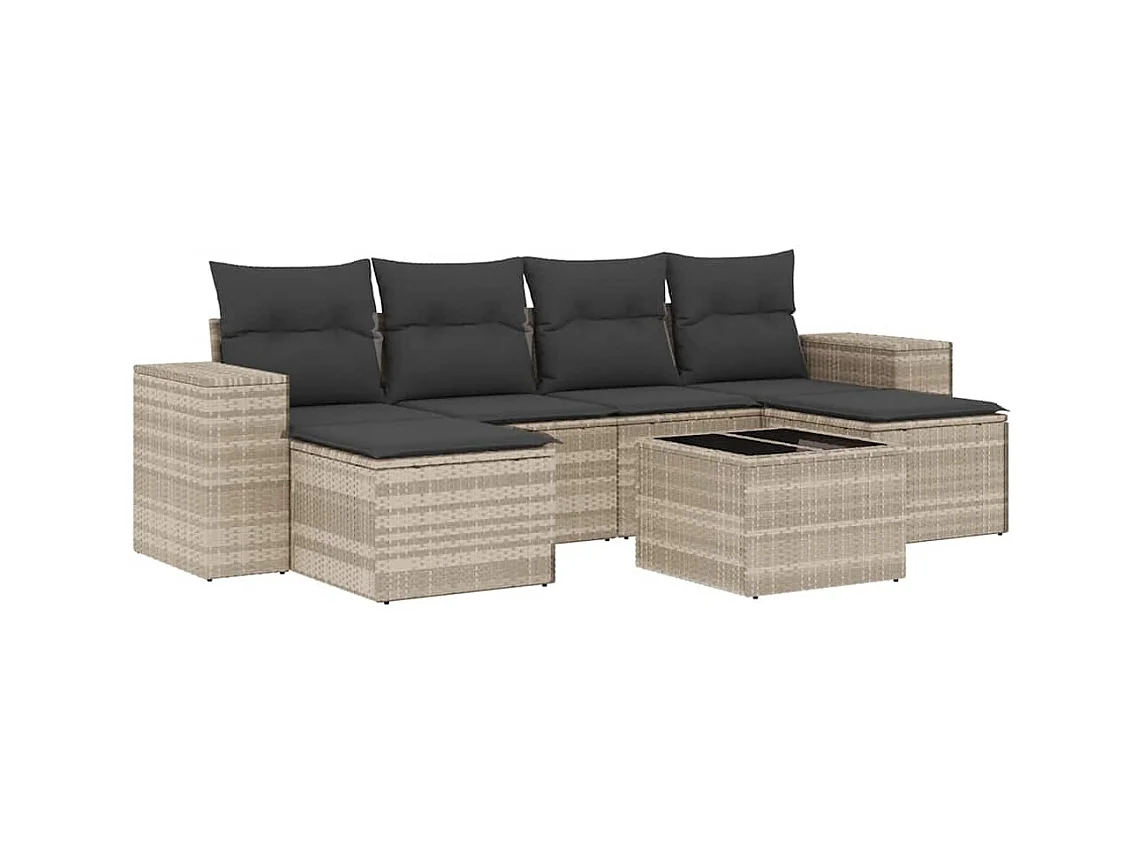 7-tlg. Garten-Sofagarnitur mit Kissen Hellgrau Poly Rattan