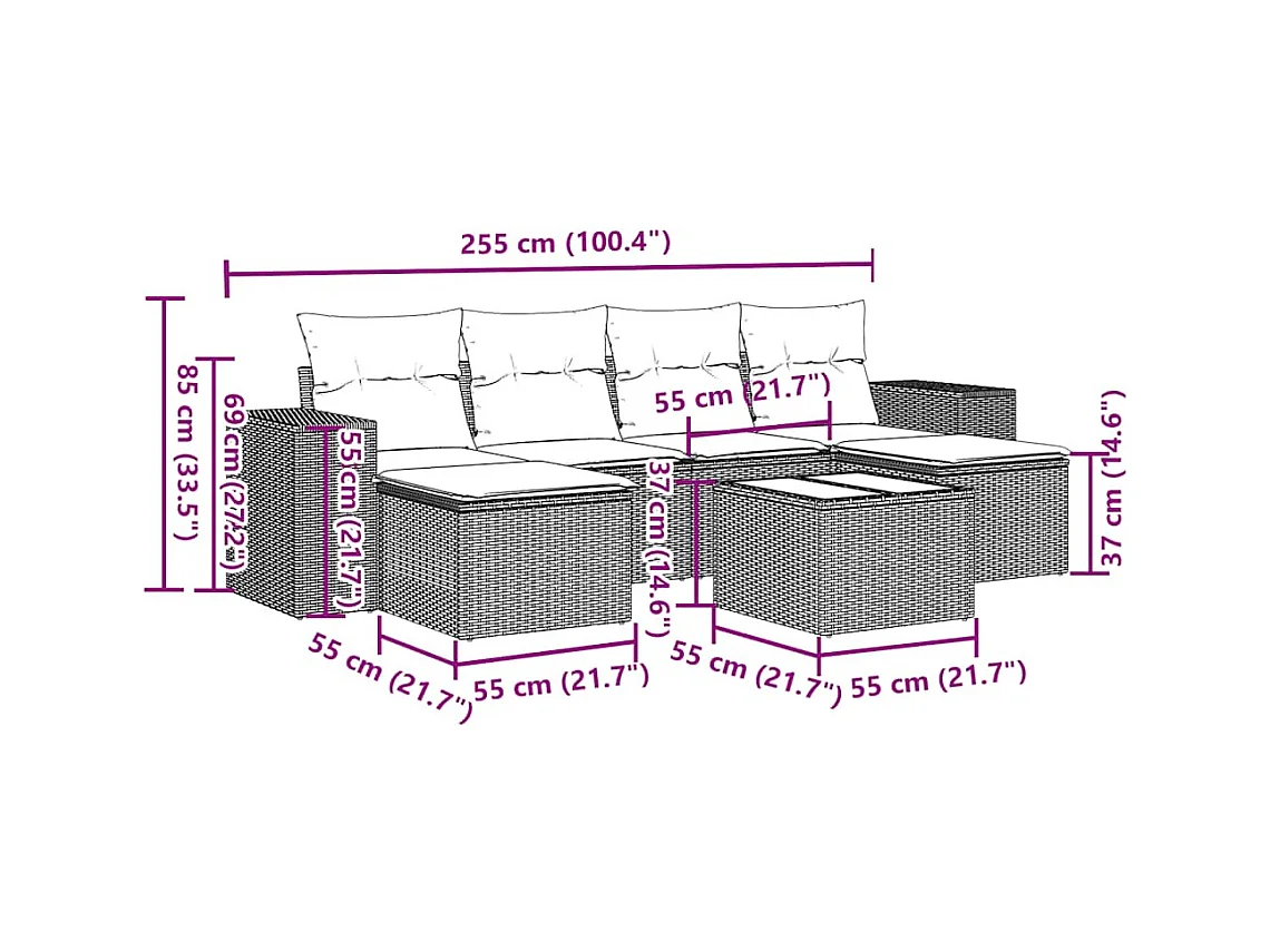 7-tlg. Garten-Sofagarnitur mit Kissen Hellgrau Poly Rattan