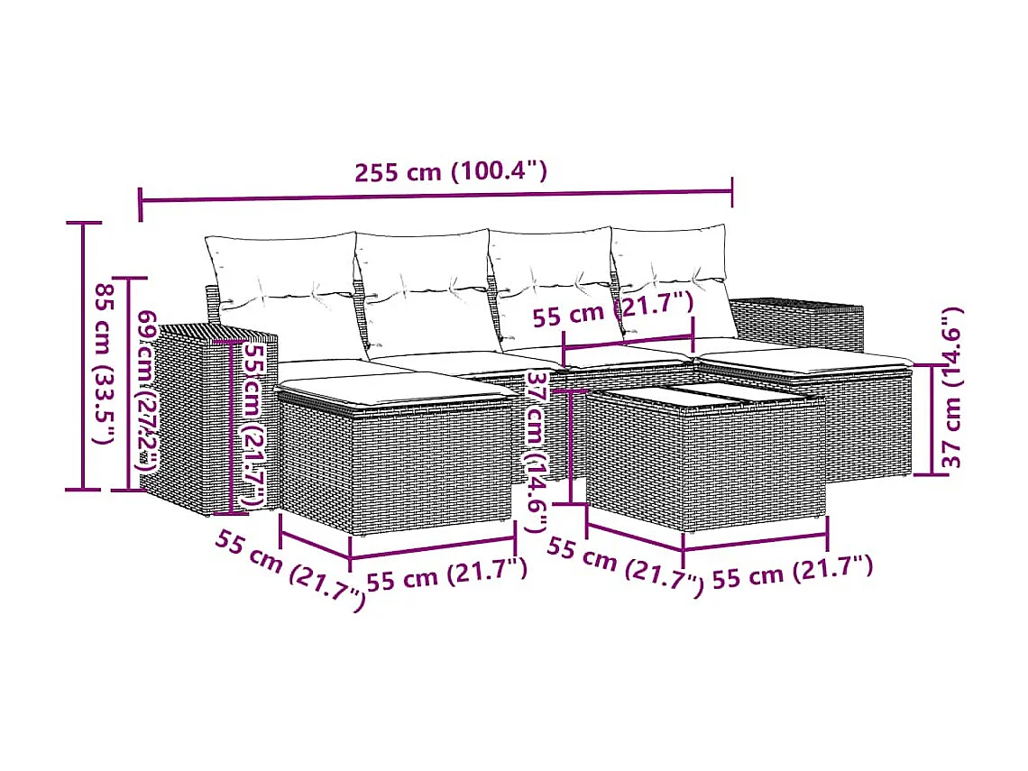 7-tlg. Garten-Sofagarnitur mit Kissen Hellgrau Poly Rattan