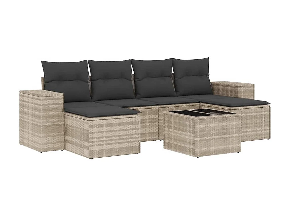 7-tlg. Garten-Sofagarnitur mit Kissen Hellgrau Poly Rattan