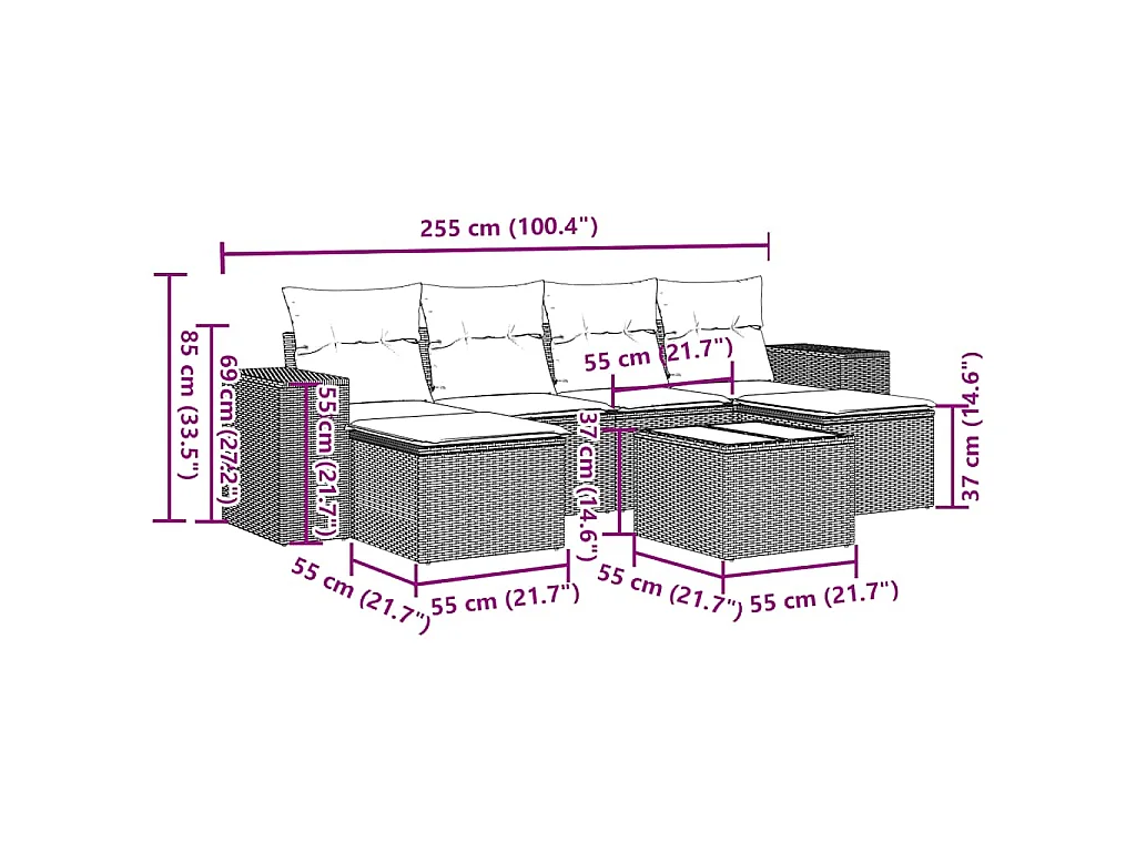 Salon de jardin avec coussins 7 pcs gris clair résine tressée
