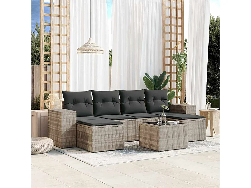 Salon de jardin avec coussins 7 pcs gris clair résine tressée