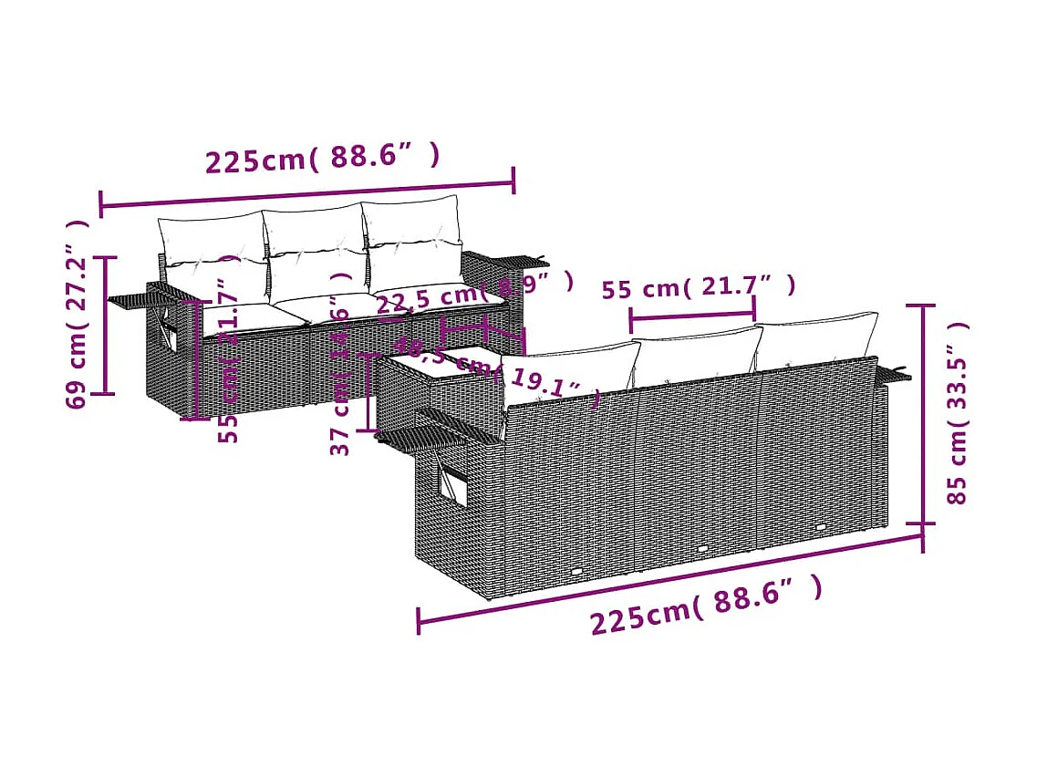 Salon de jardin avec coussins 7 pcs gris clair résine tressée