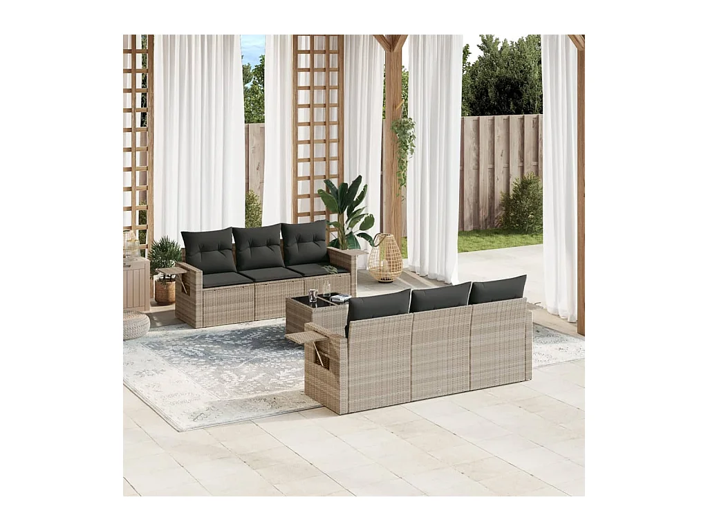 7-delige Loungeset met kussens poly rattan lichtgrijs