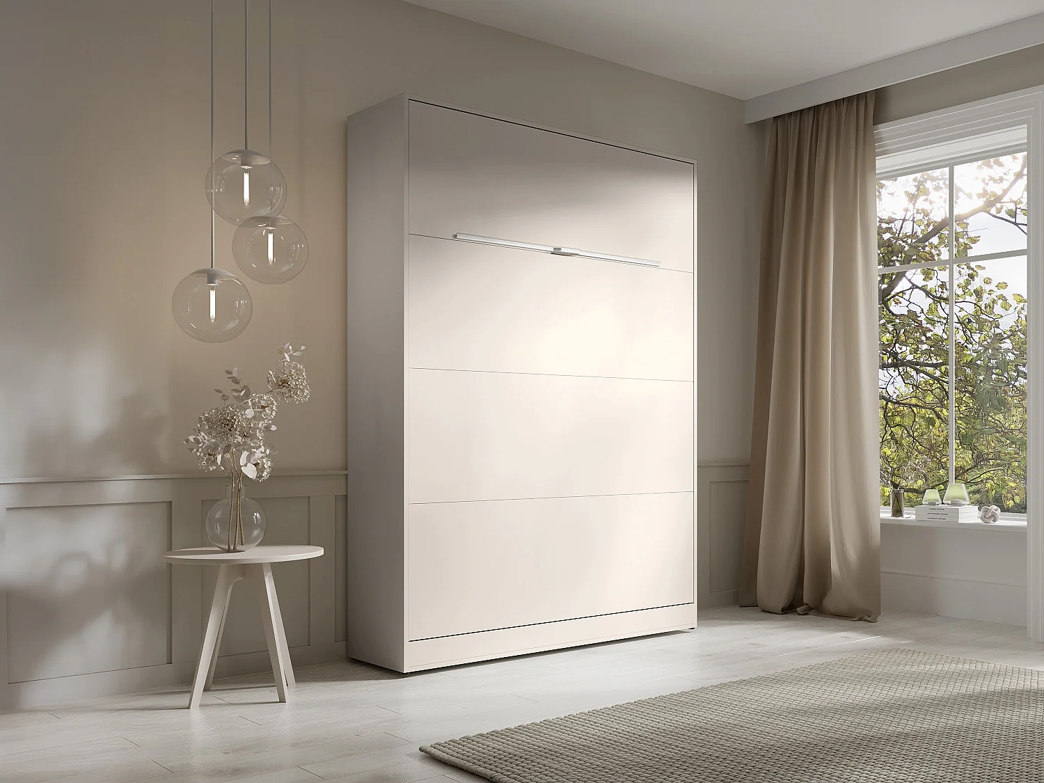 Lit escamotable 140 x 200 cm - Ouverture verticale manuelle - Avec LEDs - Beige - RAPILI