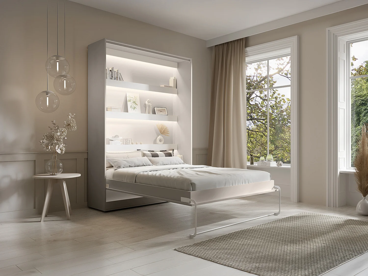 Lit escamotable 140 x 200 cm - Ouverture verticale manuelle - Avec LEDs - Beige - RAPILI