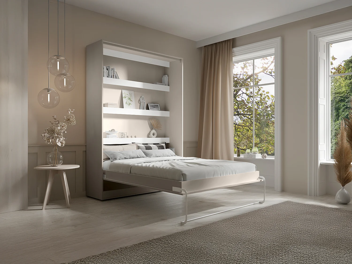 Lit escamotable 140 x 200 cm - Ouverture verticale manuelle - Avec LEDs - Beige - RAPILI