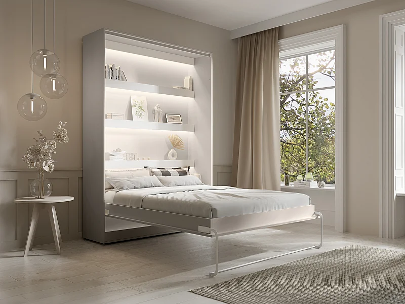 Lit escamotable 160 x 200 cm - Ouverture verticale manuelle - Avec LEDs - Beige - RAPILI