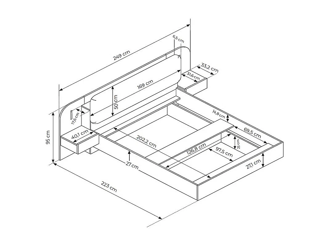 Lit avec chevets 160 x 200 cm - Avec LEDs - Coloris : Beige et naturel - LYORIMA