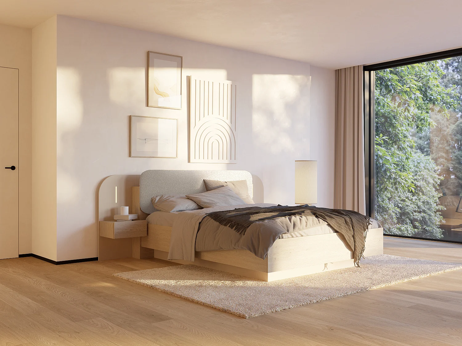 Cama com mesas de cabeceira 160 x 200 cm - Com LEDs - Cor: Bege e natural - LYORIMA