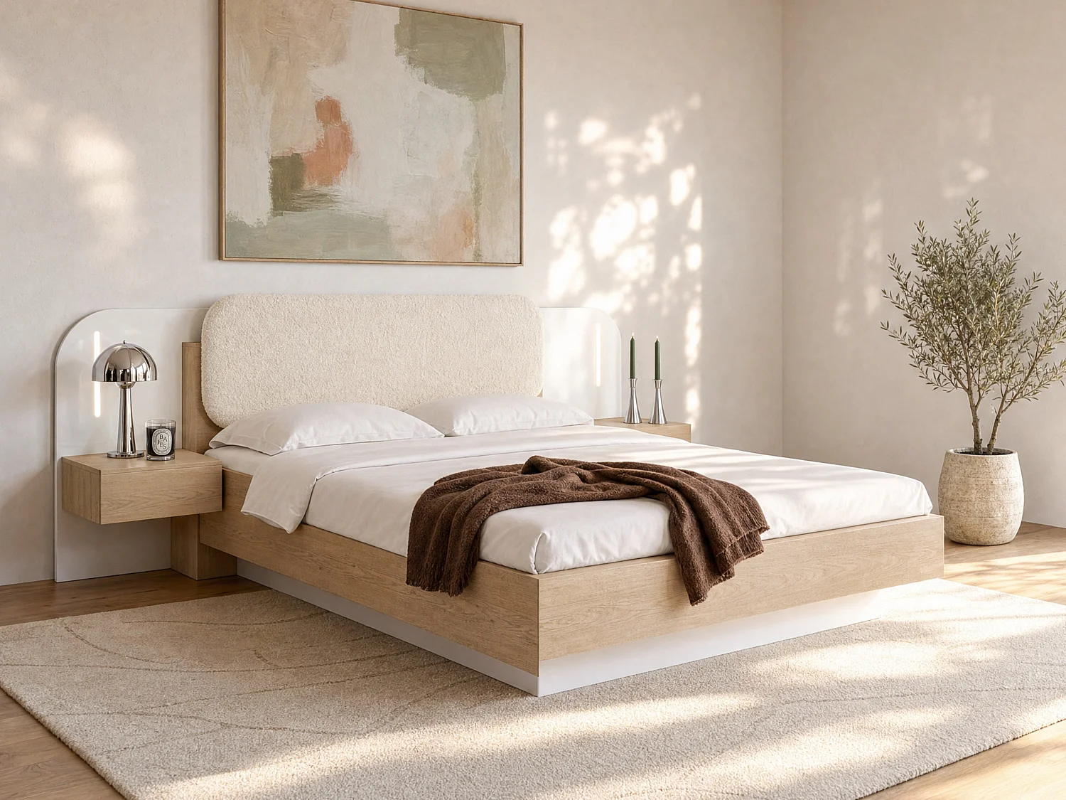 Bed met nachtkastjes 160 x 200 cm - Met LED-verlichting - Kleur: Beige en naturel - LYORIMA