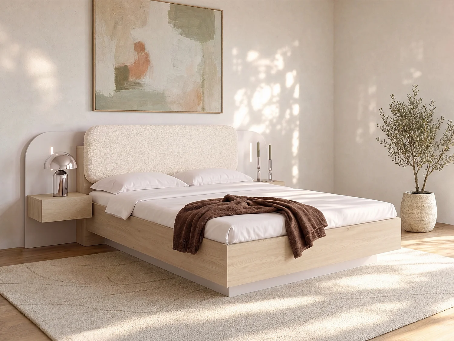 Cama con mesitas de noche 160 x 200 cm - Con LEDs - Color: Beige y natural - LYORIMA