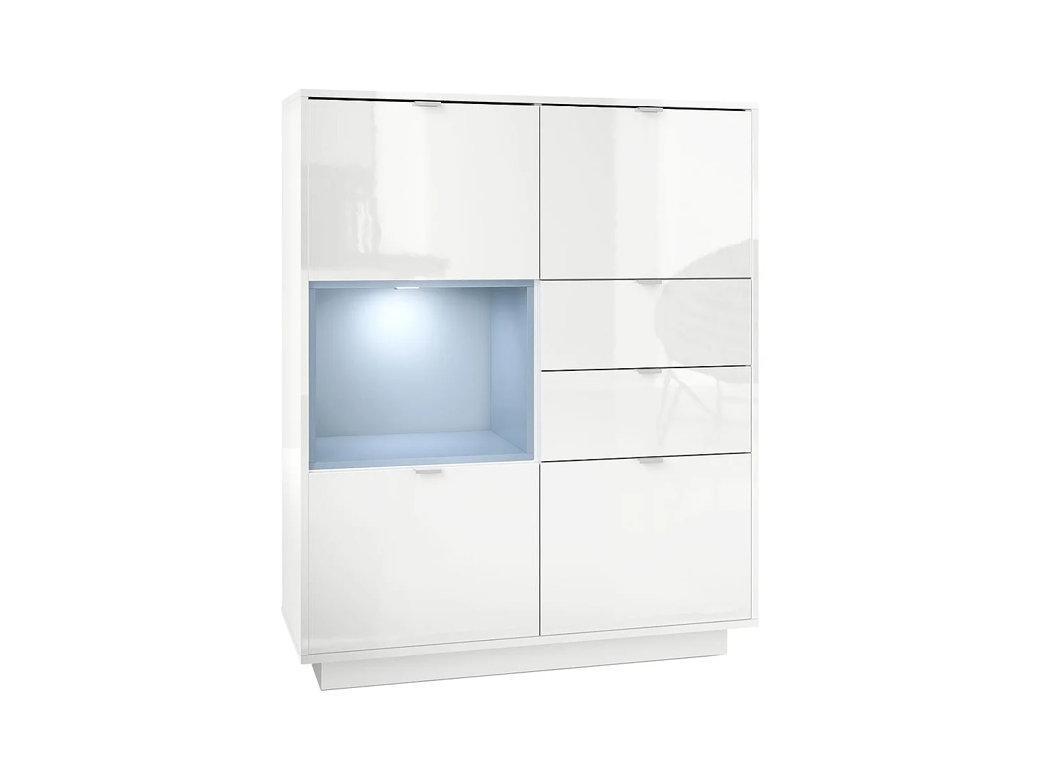Buffet haut Armoire Metro, Corps en Blanc haute brillance / Façades en Blanc haute brillance avec une insertion en Denim mat, incl. L'éclairage LED