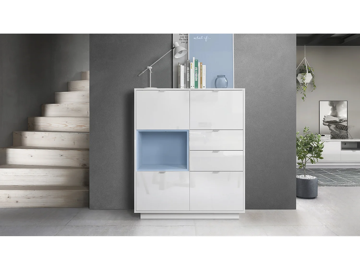 Buffet haut Armoire Metro, Corps en Blanc haute brillance / Façades en Blanc haute brillance avec une insertion en Denim mat, incl. L'éclairage LED