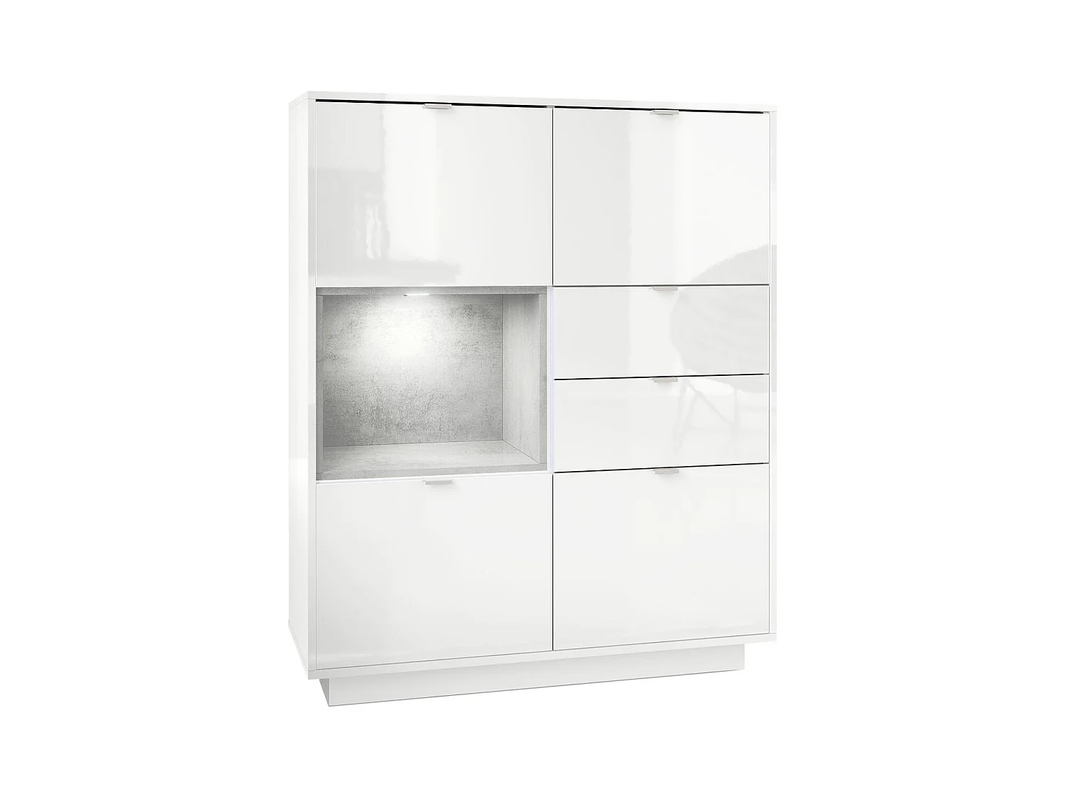 Buffet haut Armoire Metro, Corps en Blanc haute brillance / Façades en Blanc haute brillance avec une insertion en Aspect Béton Oxyde, incl. L'éclairage LED