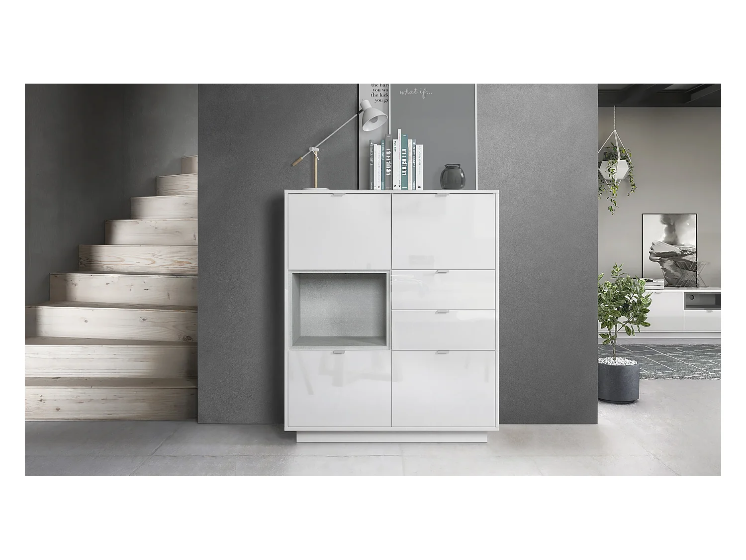 Buffet haut Armoire Metro, Corps en Blanc haute brillance / Façades en Blanc haute brillance avec une insertion en Aspect Béton Oxyde, incl. L'éclairage LED