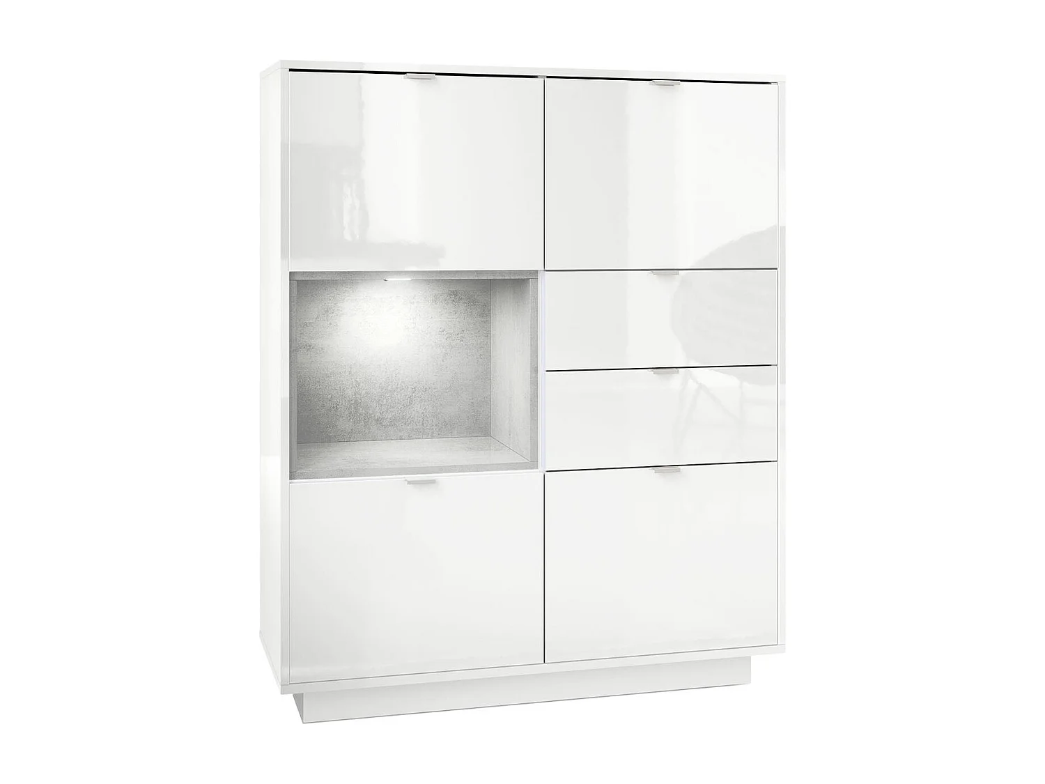 Buffet haut Armoire Metro, Corps en Blanc haute brillance / Façades en Blanc haute brillance avec une insertion en Aspect Béton Oxyde, incl. L'éclairage LED
