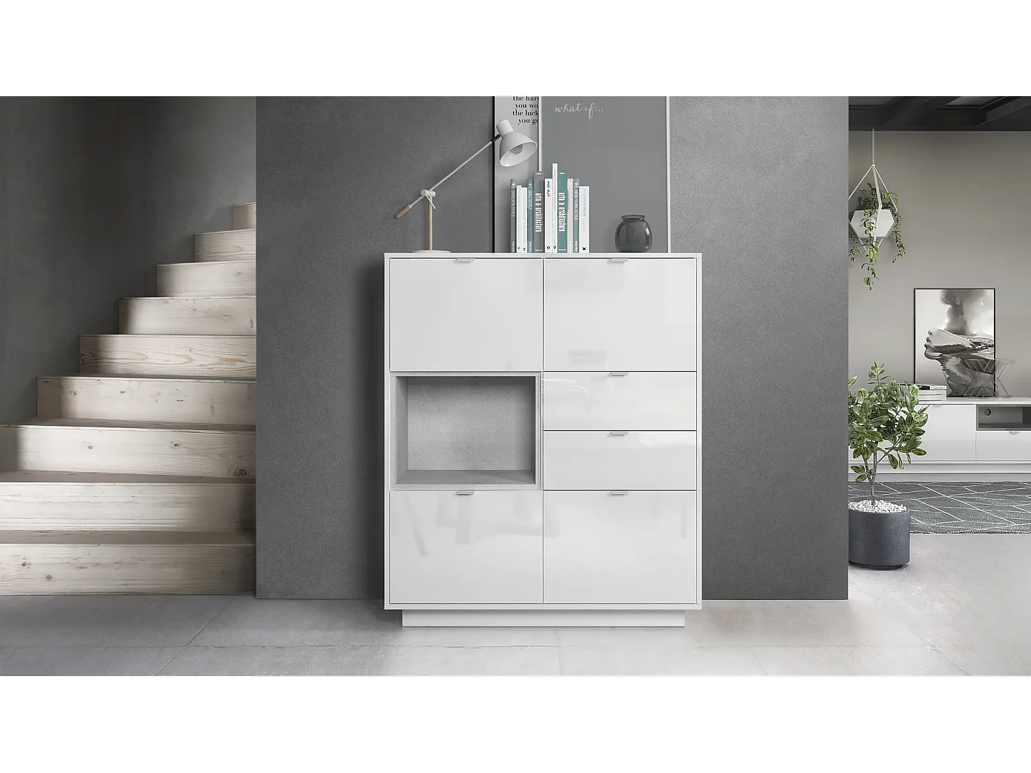 Buffet haut Armoire Metro, Corps en Blanc haute brillance / Façades en Blanc haute brillance avec une insertion en Aspect Béton Oxyde, incl. L'éclairage LED