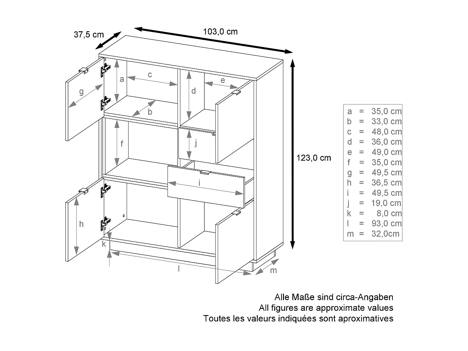 Buffet haut Armoire Metro, Corps en Blanc haute brillance / Façades en Blanc haute brillance avec une insertion en Aspect Béton Oxyde, incl. L'éclairage LED