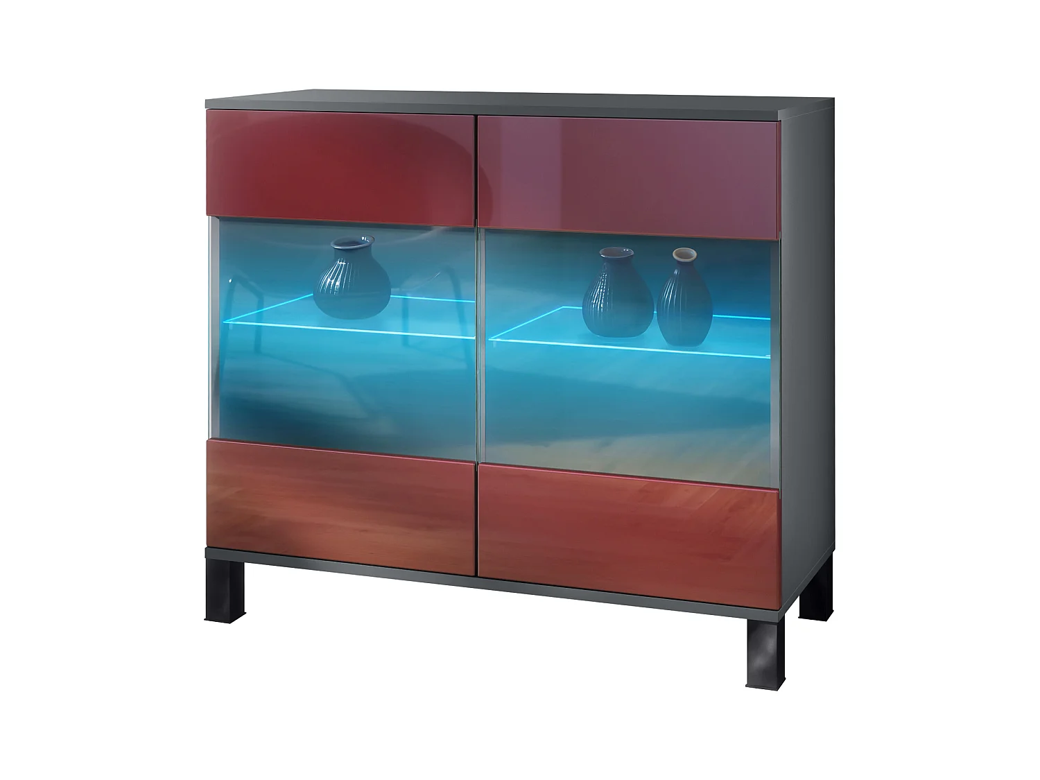 Commode Bari V3, Armoire de cuisine moderne avec 2 grandes portes vitrées incl. éclairage RGB anthracite mat / bordeaux haute brillance (92,5 x 84.5 x 35)